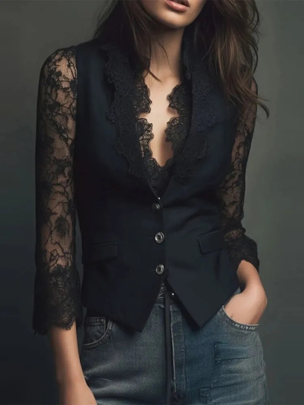 NWT FuTario Elegant Black Lace Panel Sleeve Blazer Top - Size S